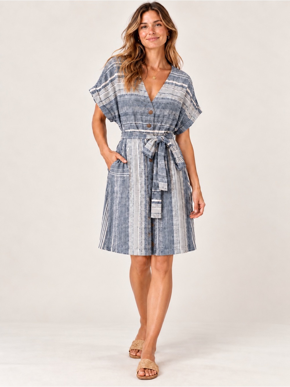 🌺 Carve Designs Blue Stripe Linen-Cotton Button-Front Dress